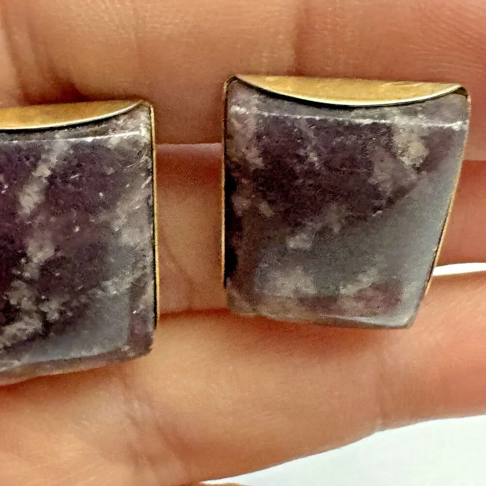 Vintage Purple Stone Rectangle Cufflinks Silver Tone 1 Inch